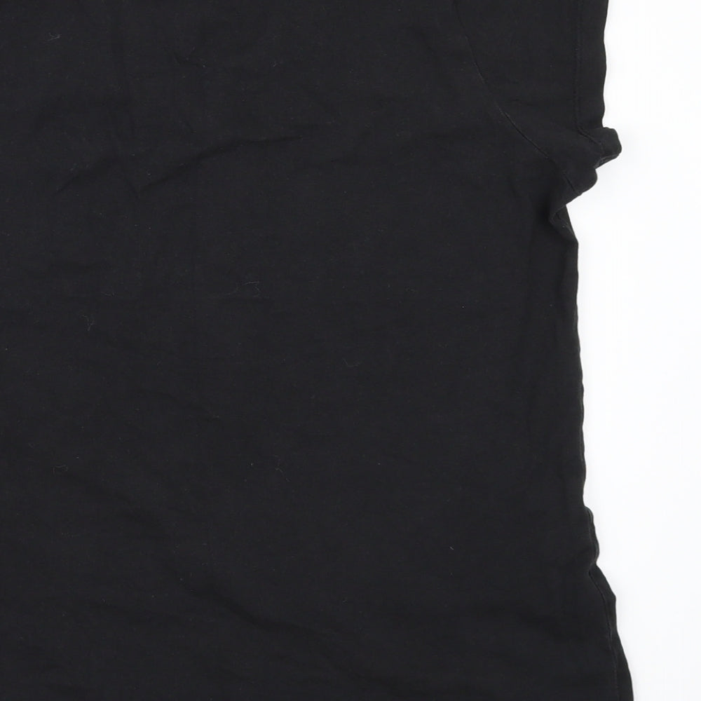 Brand and care label for Miss Fiori women’s black basic t-shirt, size UK 12