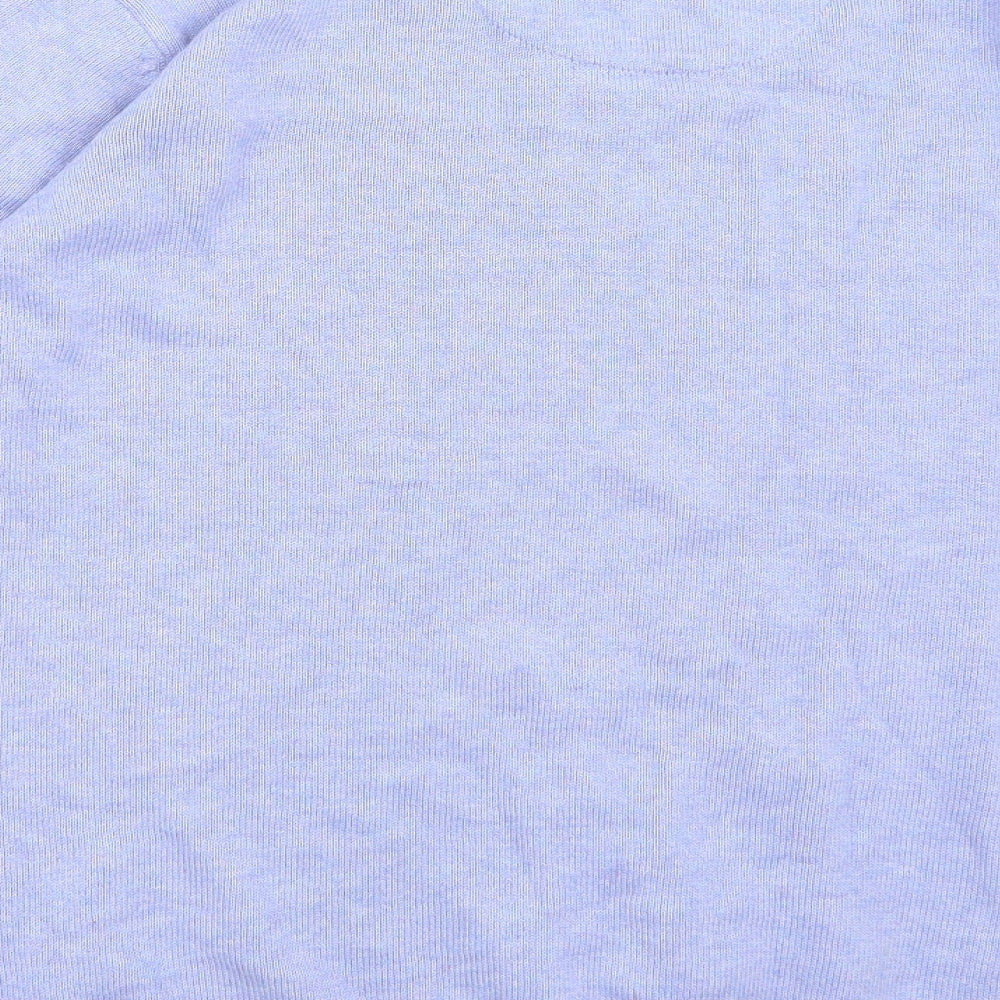 Brand and care label for Marks & Spencer men’s purple jumper, size L