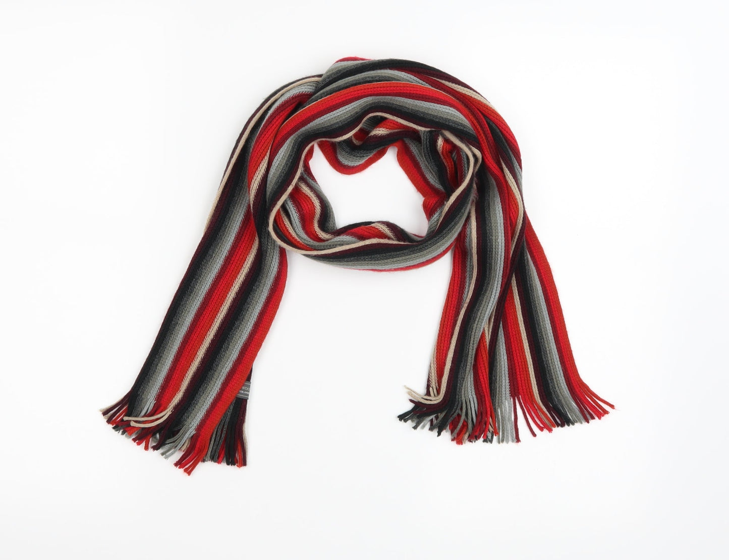 Front view of Greenwoods men’s red striped knit scarf one size