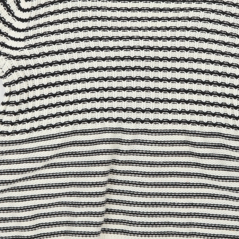 Brand and care label for Moda women’s white striped knit cardigan jumper, size UK 14