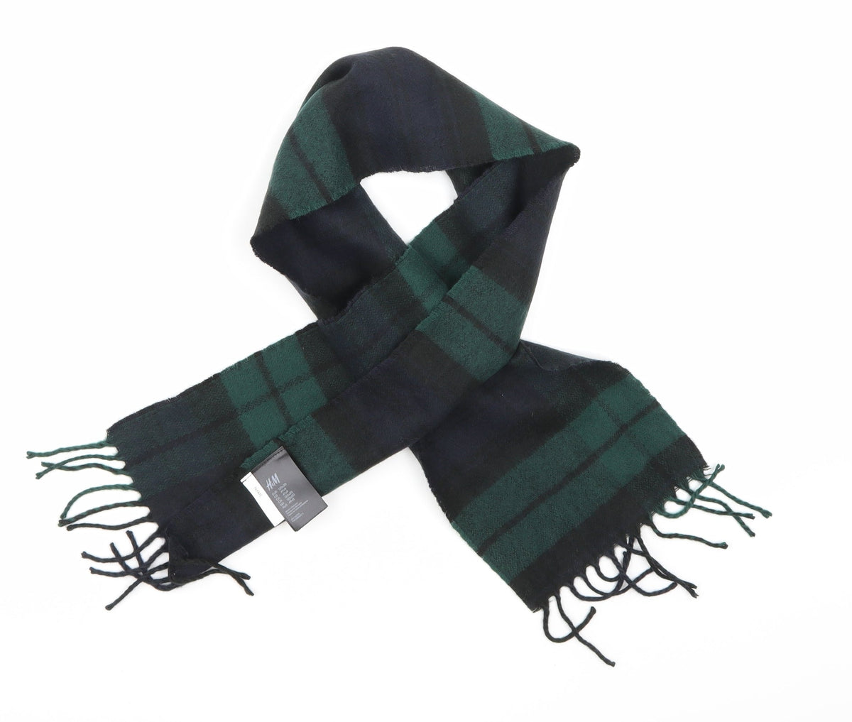 Front view of H&M women’s blue check knit scarf