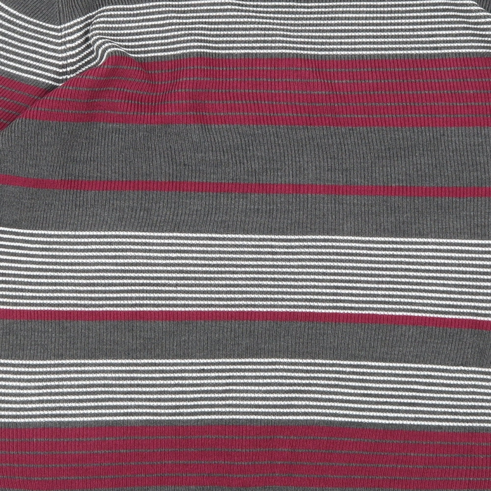 Brand and care label for Isle Essentials women’s grey striped knit jumper, size UK 14