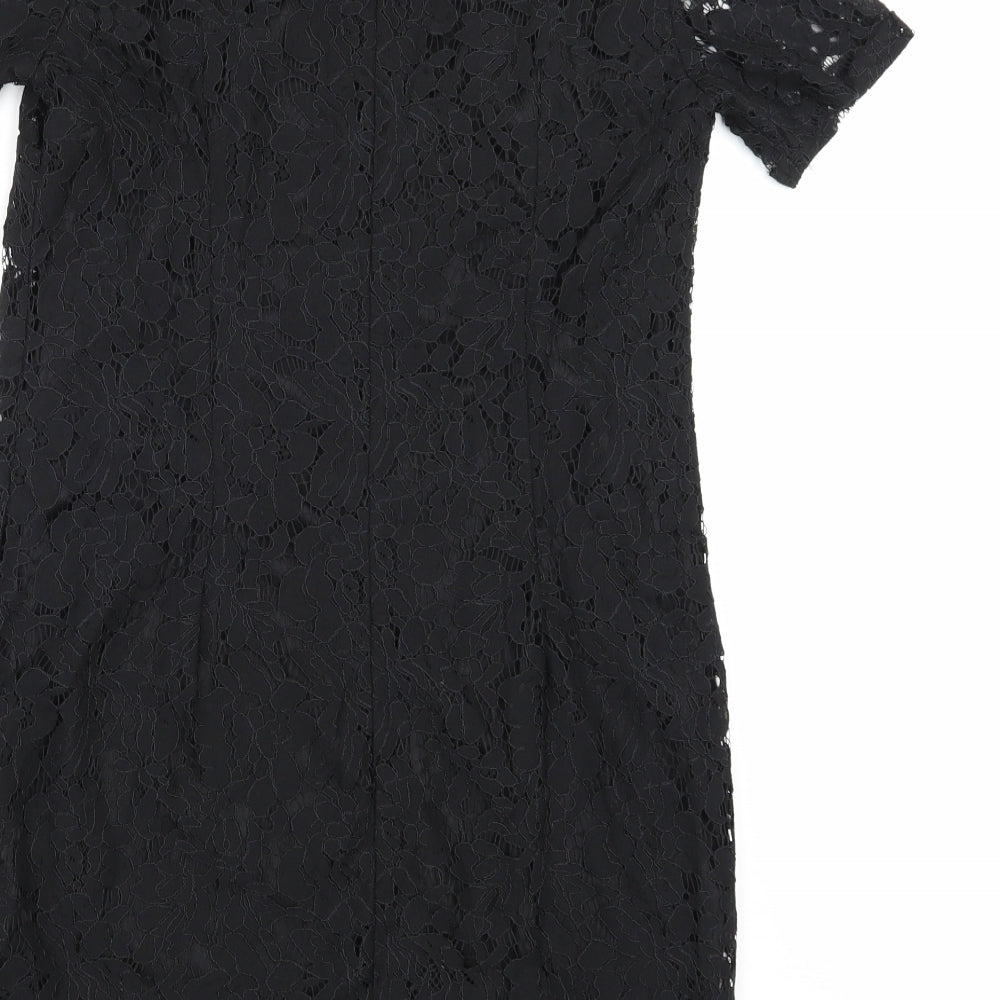 Brand and care label for Dorothy Perkins women’s black floral a-line, size UK 6