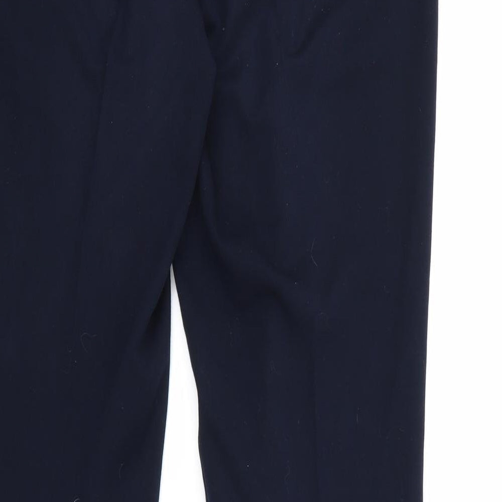 Brand and care label for Marks & Spencer women’s blue trousers, size UK 12, 28-inch leg