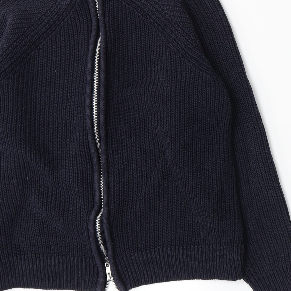 Brand and care label for H&M women’s blue knit jumper, size S
