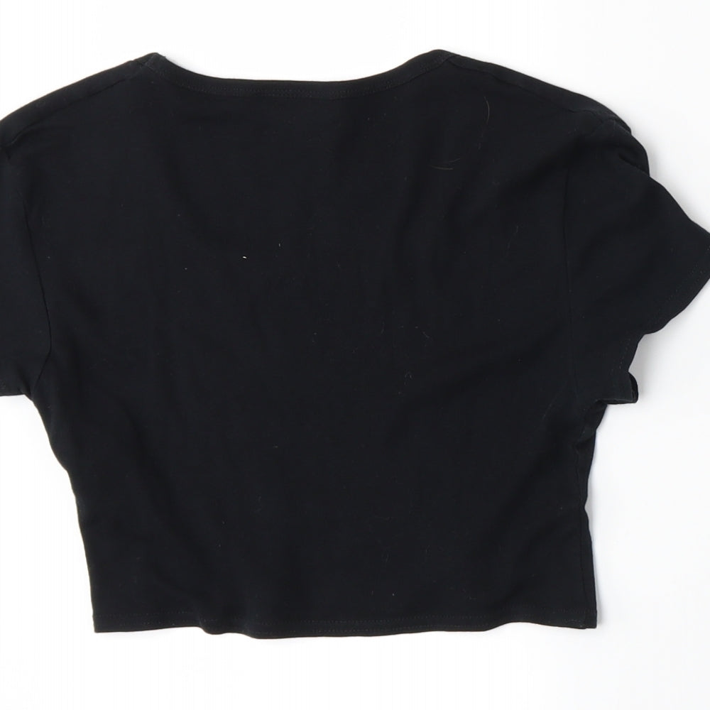 Brand and care label for Topshop women’s black basic t-shirt, size UK 8