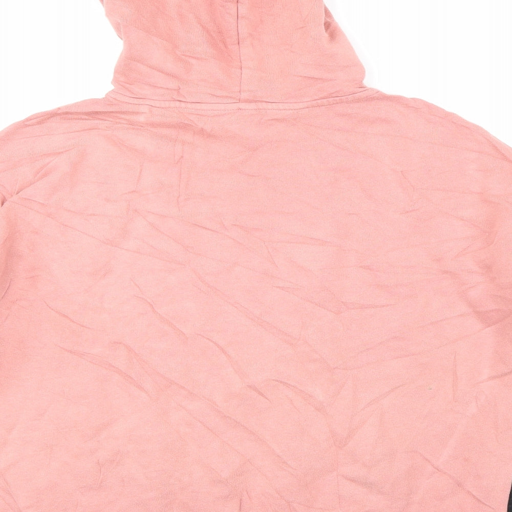 Brand and care label for Boohoo women’s pink pullover hoodie, size S