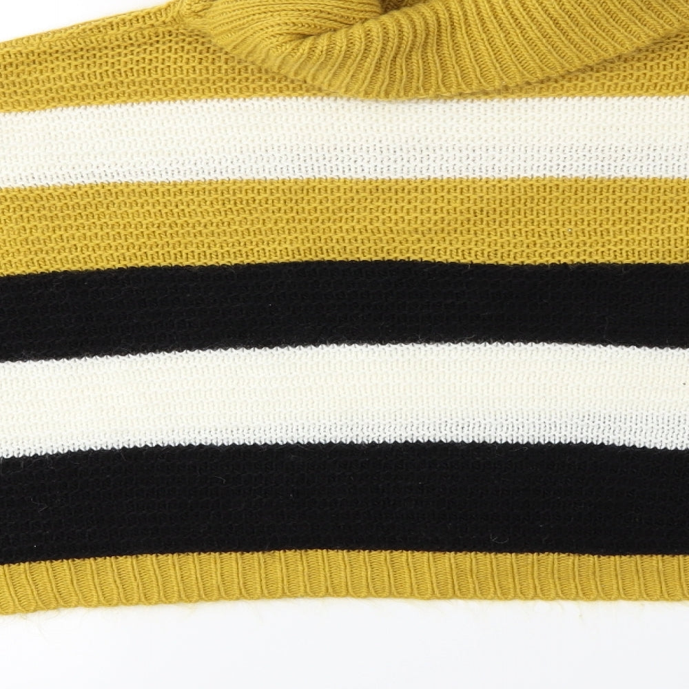 Brand and care label for Quiz women’s yellow striped knit jumper, size L