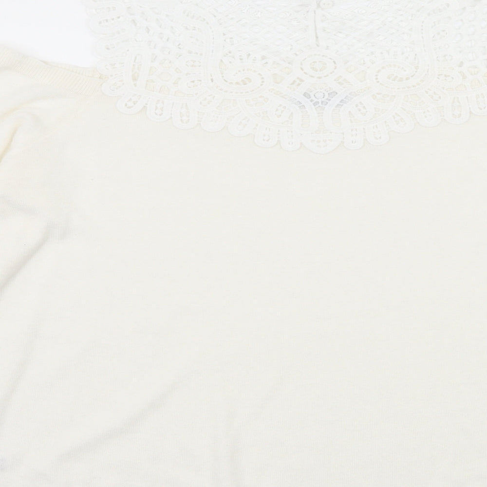 Brand and care label for Soon women’s white knit jumper, size UK 18, - crochet detail