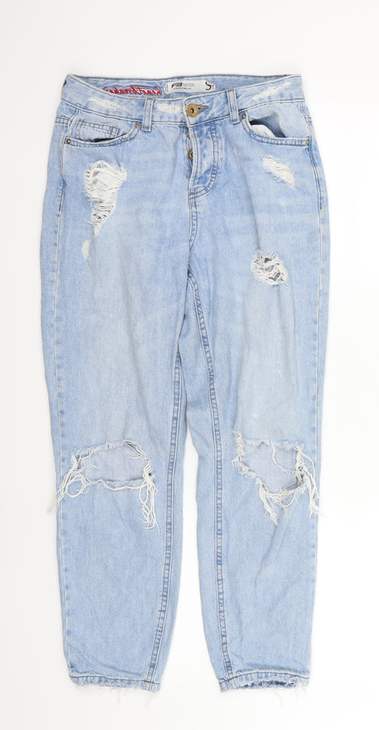 Additional front view of FB Sister women’s blue denim tapered jeans, size S, 26-inch leg - girlfriend fit