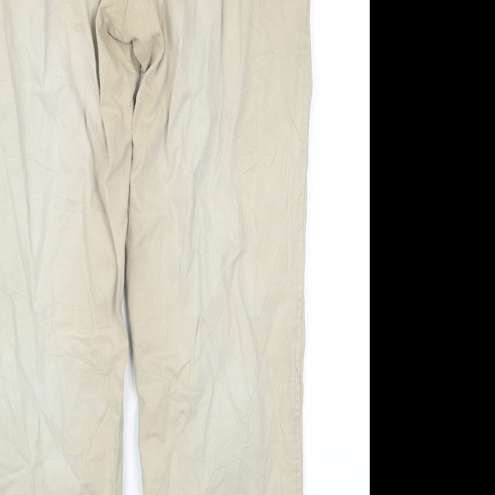 Brand and care label for Augusta men’s beige trousers, size 32, 29-inch leg