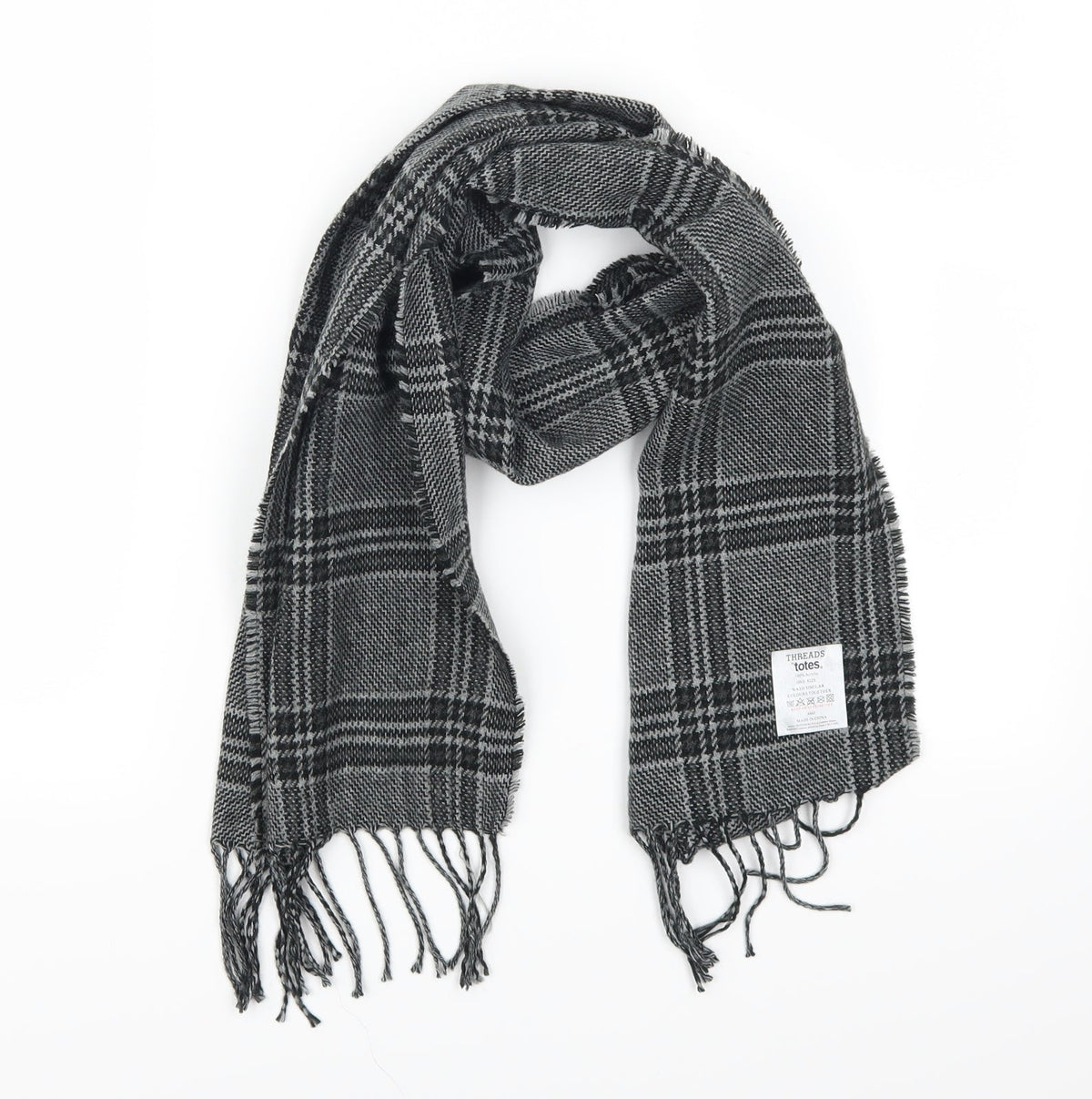 Front view of Threads women’s grey check scarf