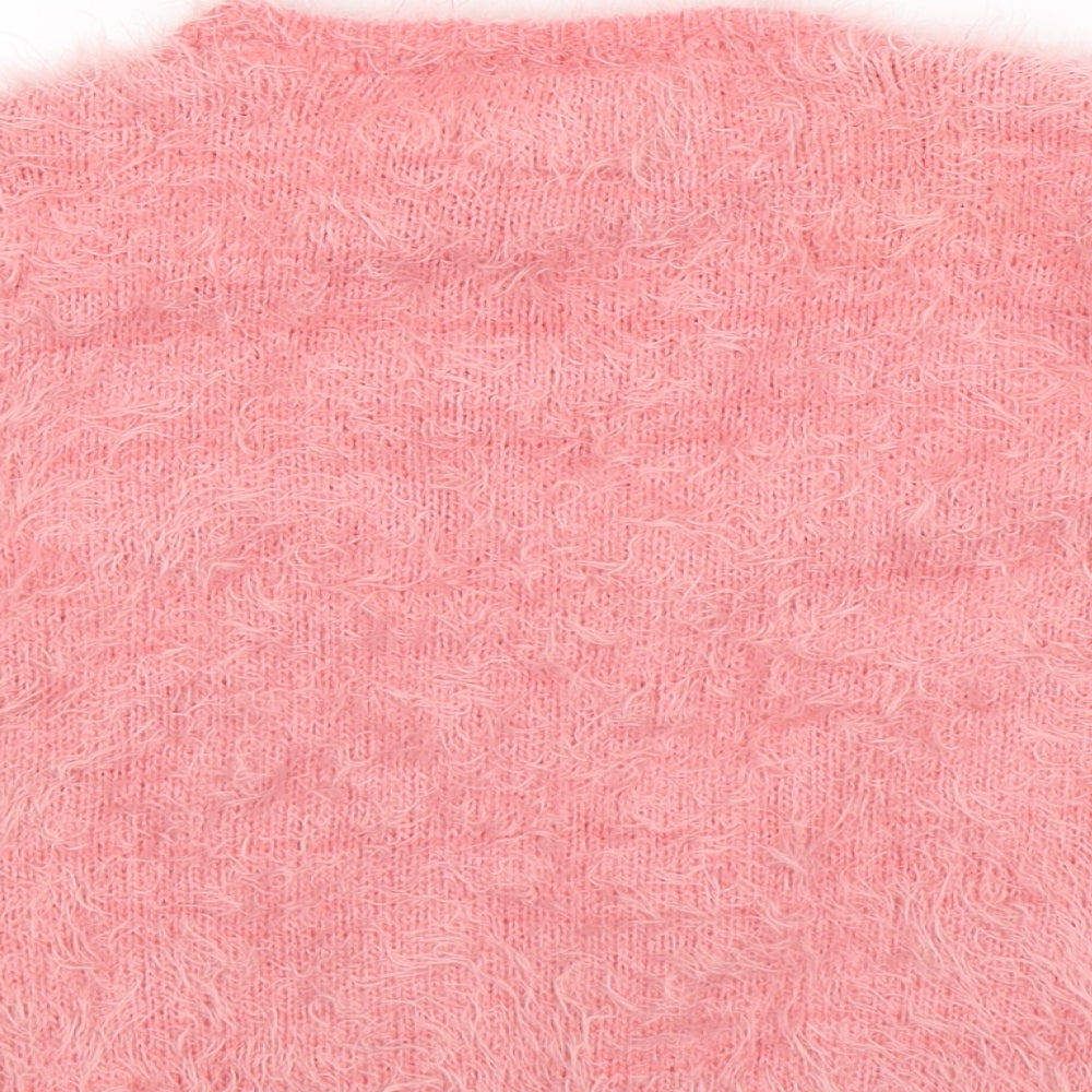 Brand and care label for Young Dimension girls’ pink knit jumper, size 12-13, years
