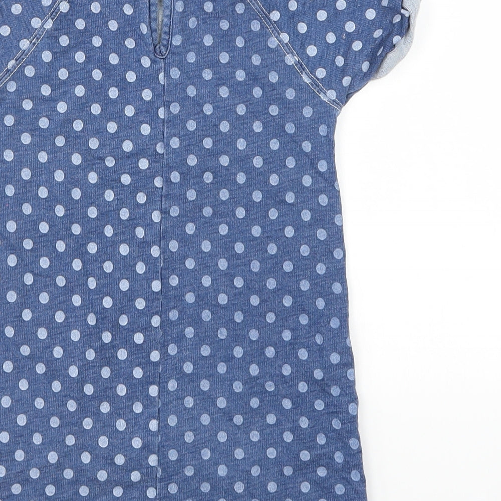 Brand and care label for Next girls’ blue polka dot denim t-shirt dress, size 12-18, months