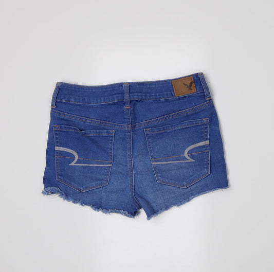 Back view of American Eagle Outfitters women’s blue denim hot pants shorts, size UK 10