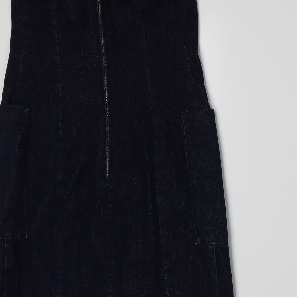 Brand and care label for ASOS women’s blue denim a-line, size UK 10