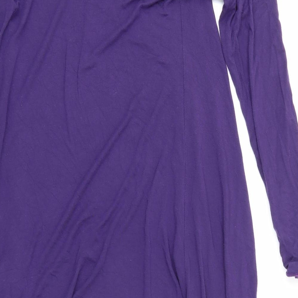 Brand and care label for Too True women’s purple cardigan jumper, size M