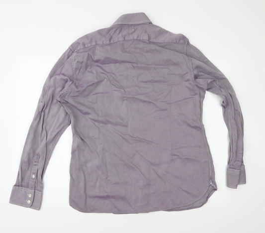Back view of Marks & Spencer men’s purple striped button-up, size 18