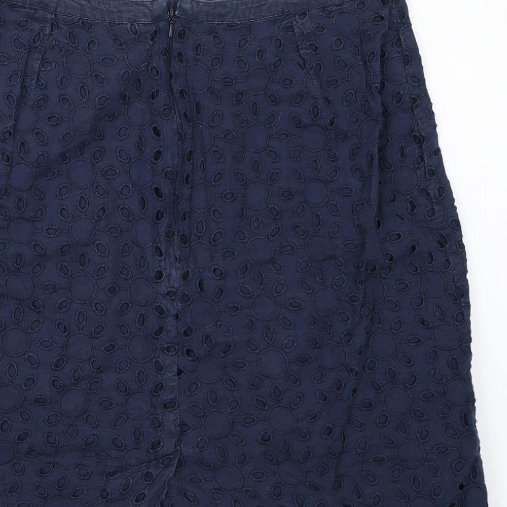 Brand and care label for Debenhams women’s blue a-line skirt, size UK 10