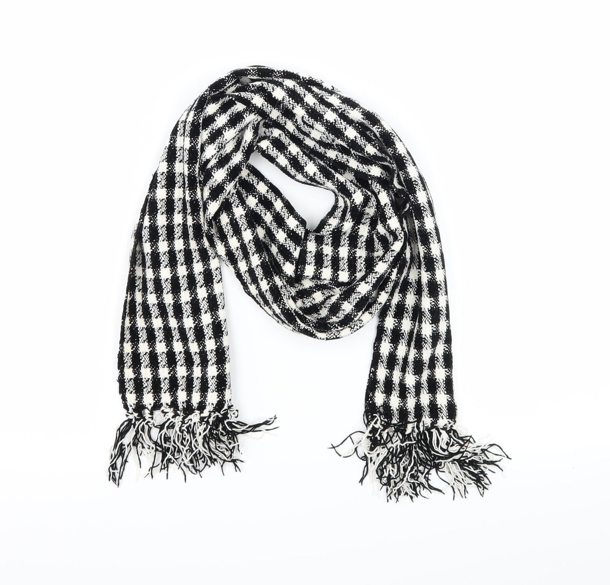 Front view of Preworn women’s black check knit scarf