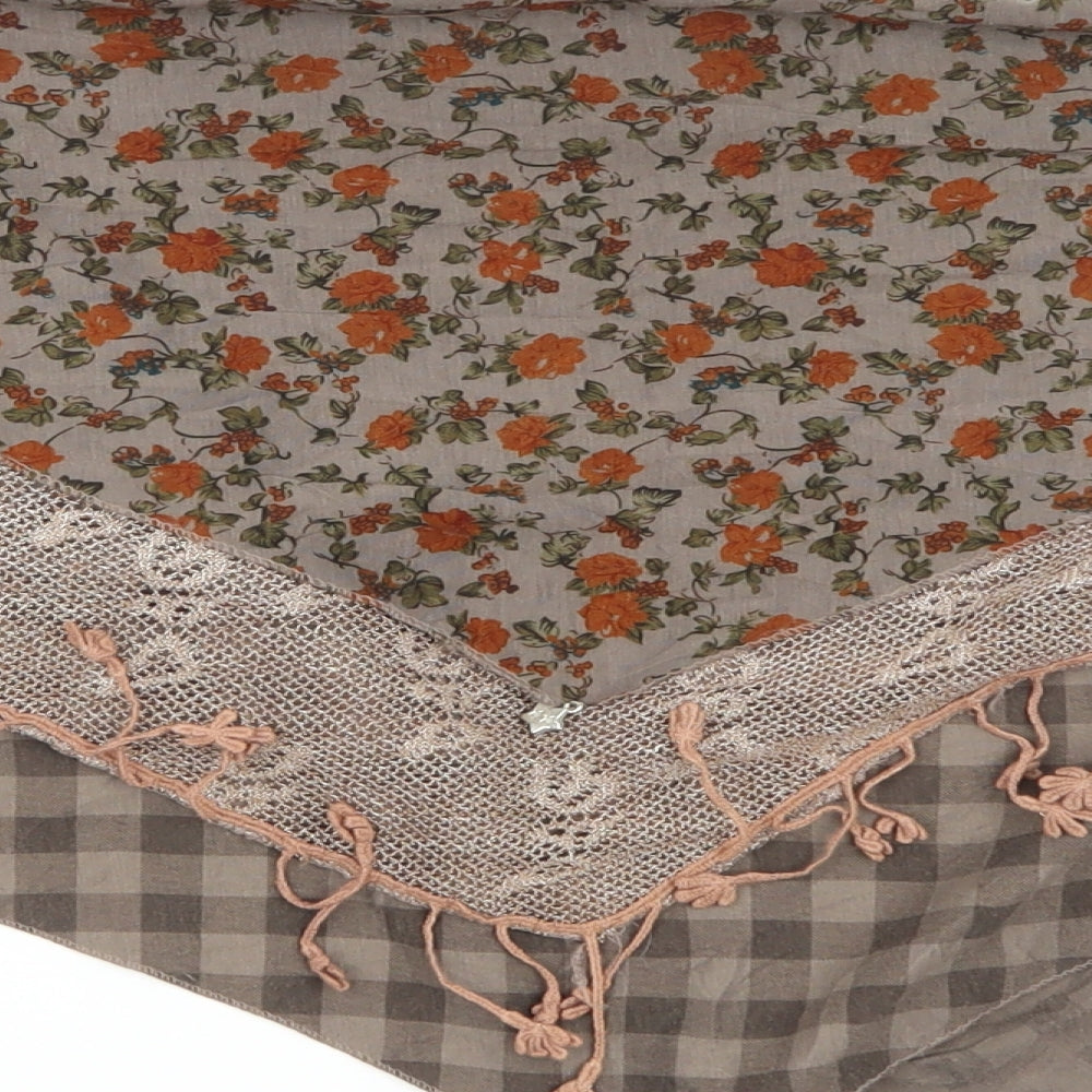Brand and care label for Preworn women’s brown floral wrap jumper one size