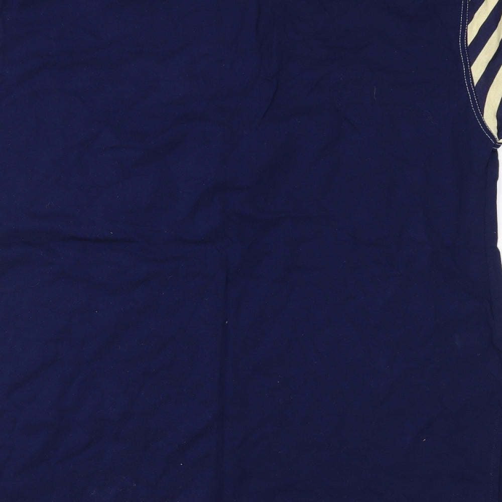 Brand and care label for raxsta women’s blue striped basic t-shirt, size S