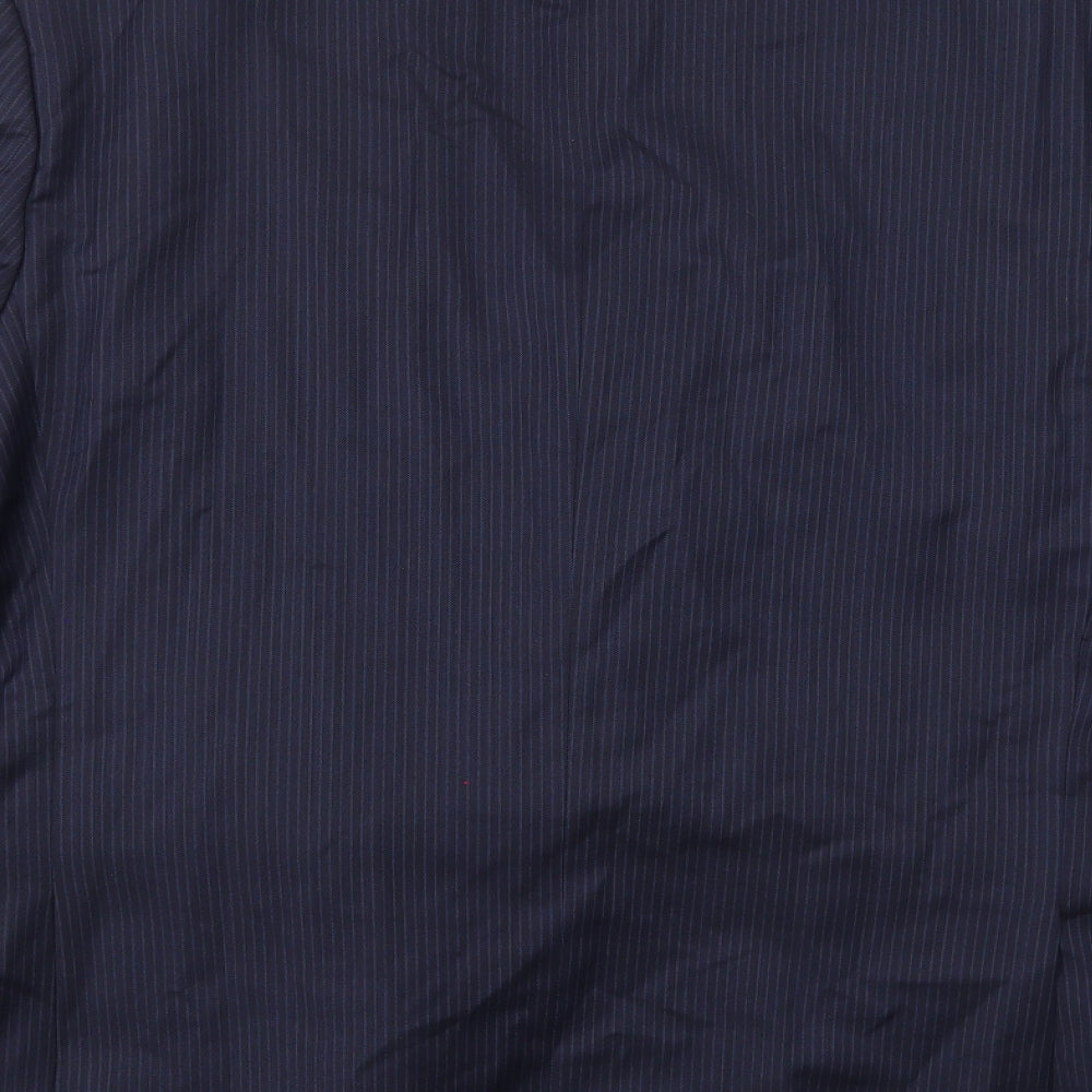 Brand and care label for Greenwoods men’s blue striped rayon jacket suit jacket, size 44