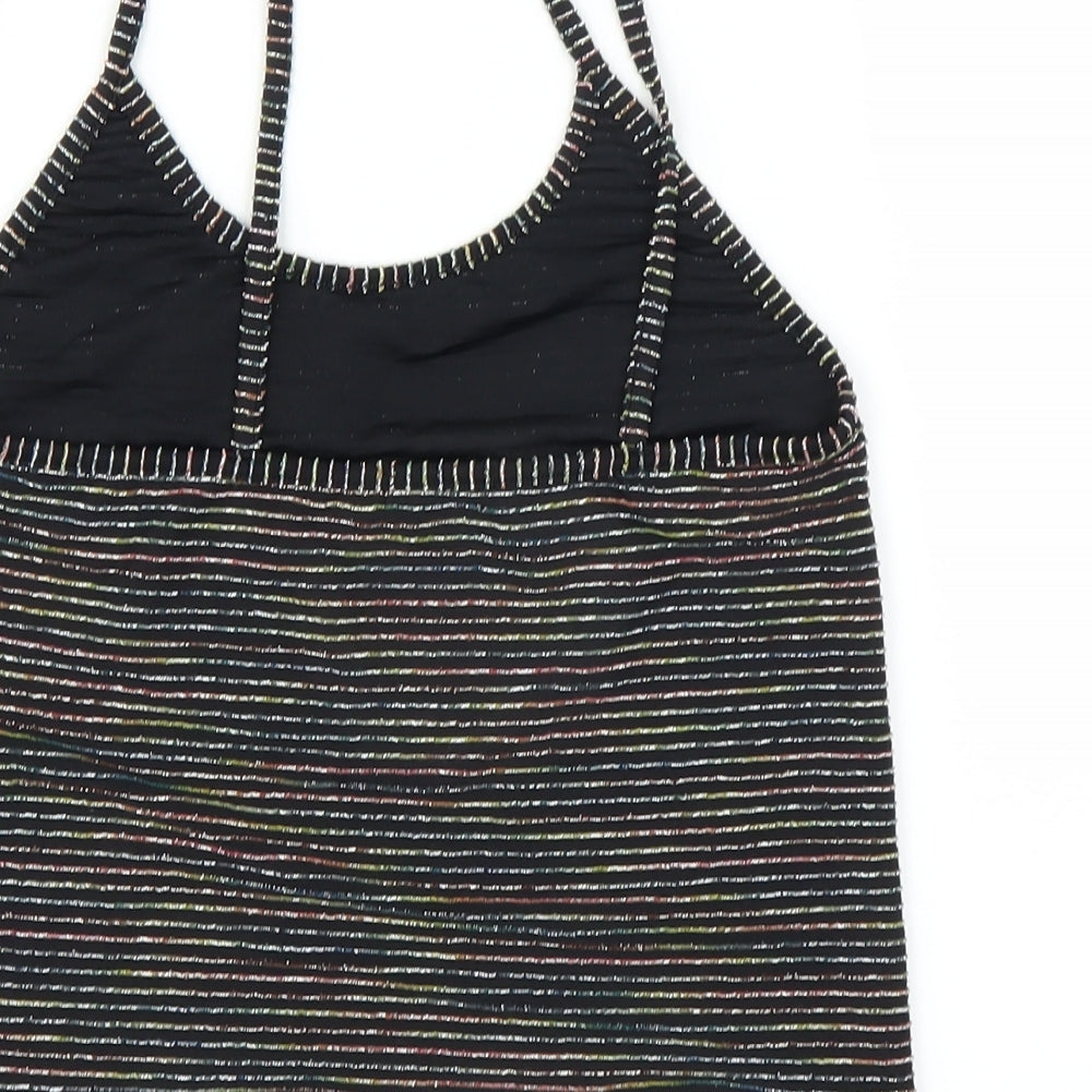 Brand and care label for Light Before Dark women’s black striped cropped tank, size L