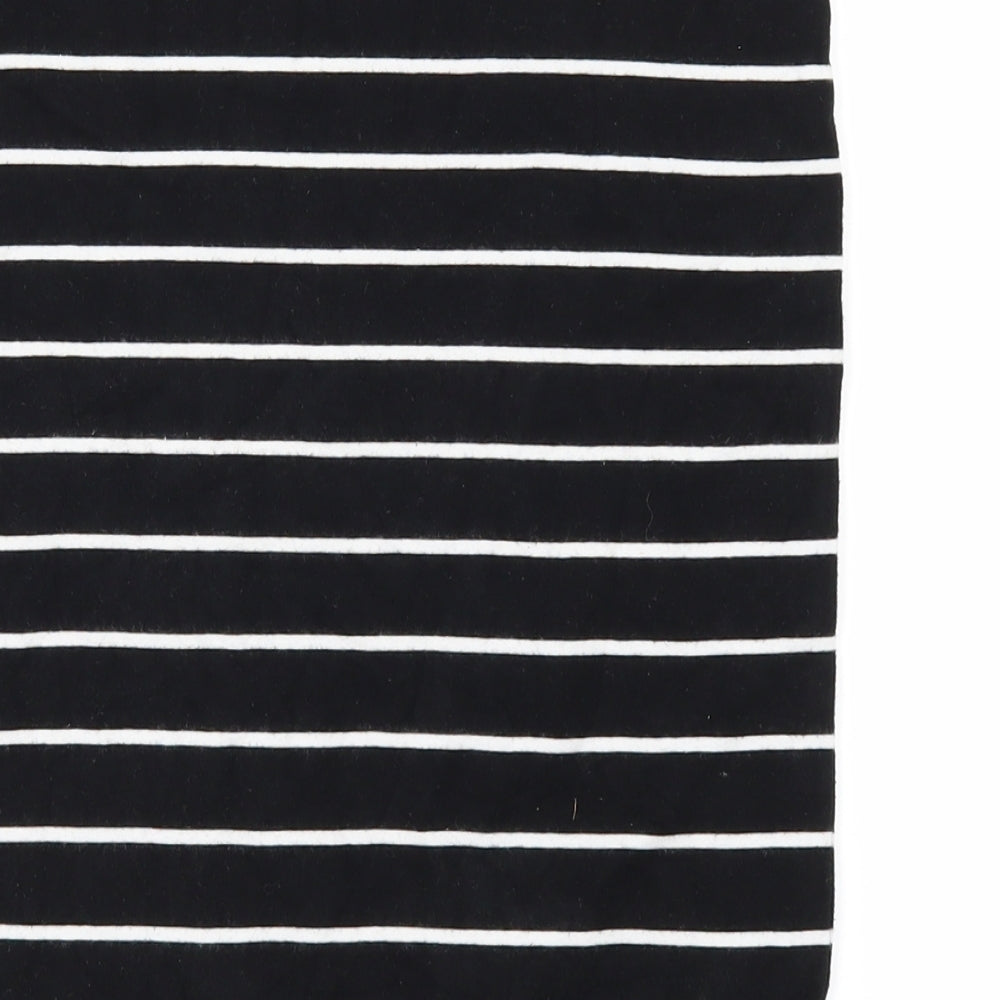 Brand and care label for H&M women’s black striped mini skirt, size S