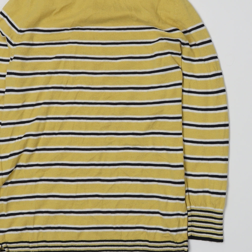 Brand and care label for Next women’s yellow striped knit jumper, size UK 8