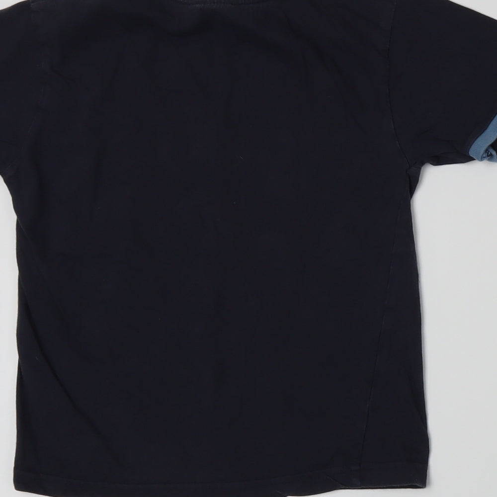Brand and care label for BHS boys’ blue striped jersey basic t-shirt, size 5, years