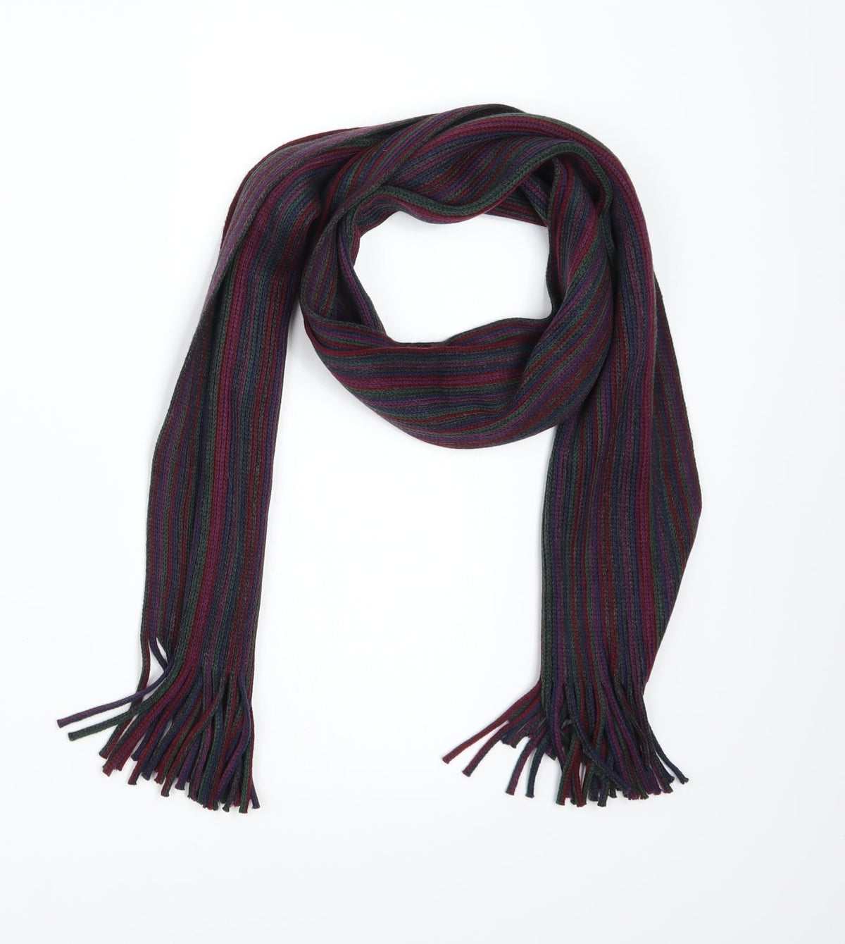 Front view of Preworn men’s purple striped knit scarf one size