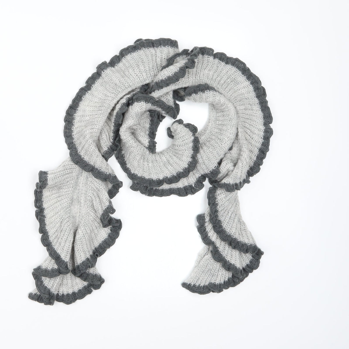 Front view of Preworn women’s grey knit scarf