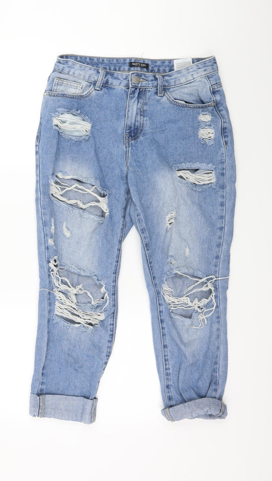 Additional front view of Nasty Gal women’s blue denim straight jeans, size UK 8, 22-inch leg