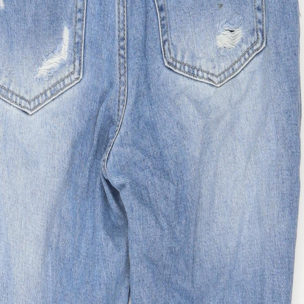 Brand and care label for Nasty Gal women’s blue denim straight jeans, size UK 8, 22-inch leg