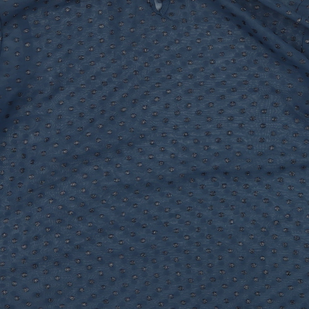 Brand and care label for New Look women’s blue polka dot basic blouse, size UK 10, - sheer