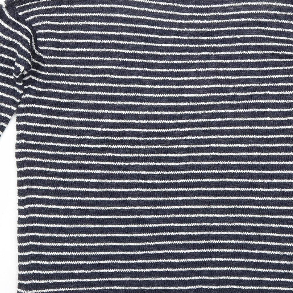Brand and care label for BSK women’s blue striped jumper, size M