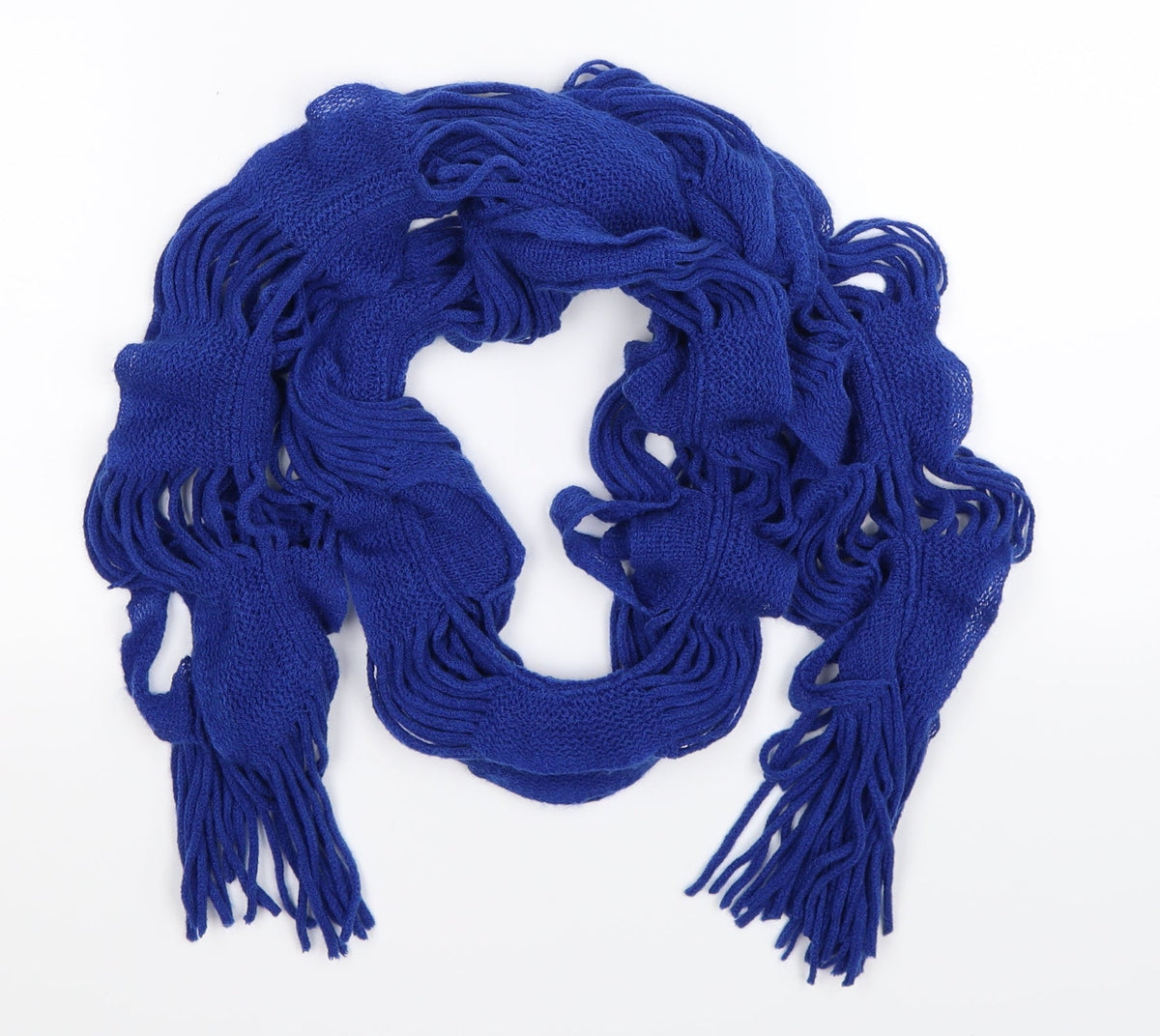 Front view of Preworn women’s blue knit scarf