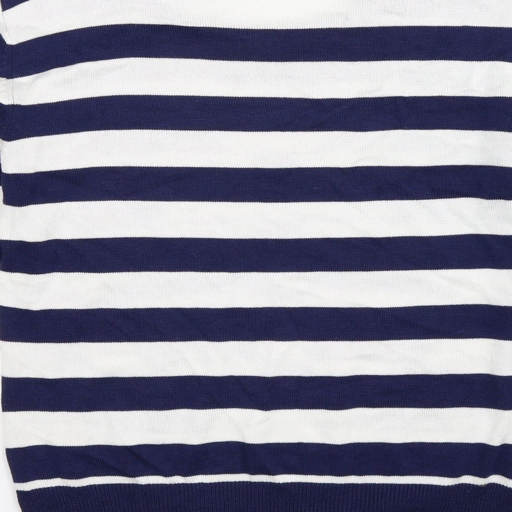 Brand and care label for Peacocks women’s blue striped knit jumper, size UK 10