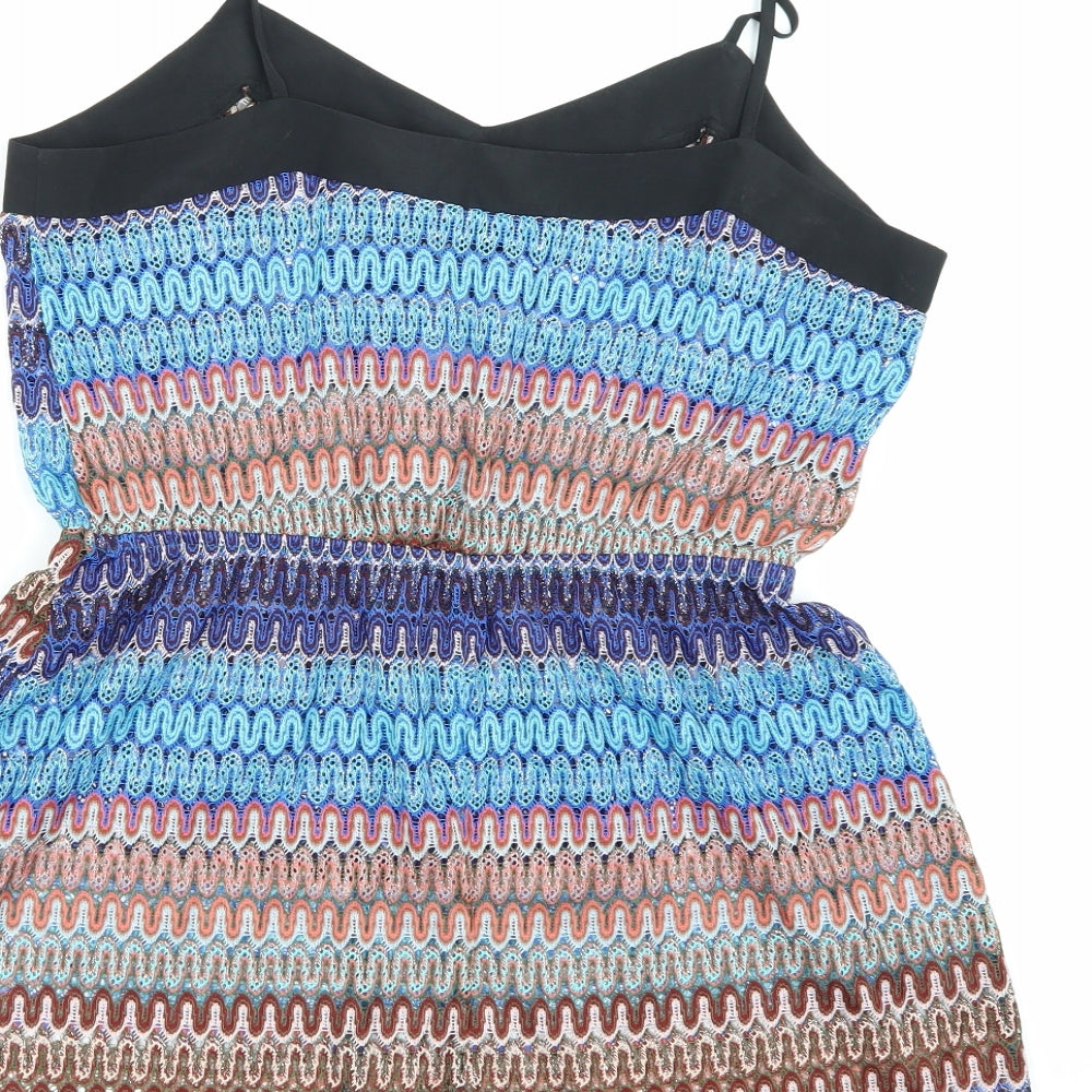 Brand and care label for Topshop women’s blue striped playsuit one-piece, size S