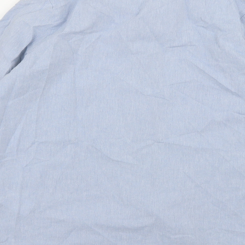 Brand and care label for Karl Marc John women’s blue basic button-up, size S