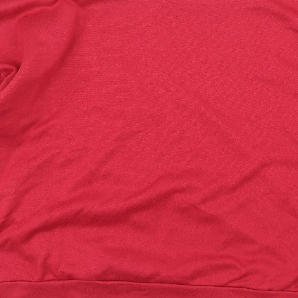 Brand and care label for women’s red jersey pullover sweatshirt, size L