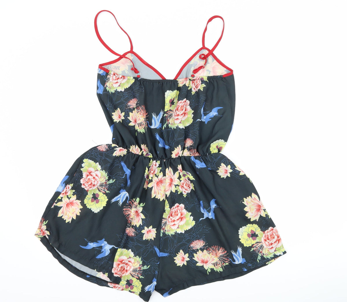 Back view of Love women’s black floral playsuit one-piece, size S