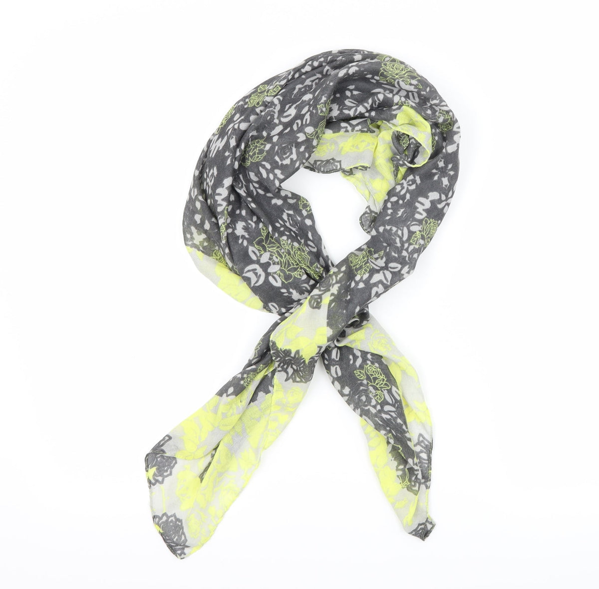 Front view of Preworn women’s grey floral scarf