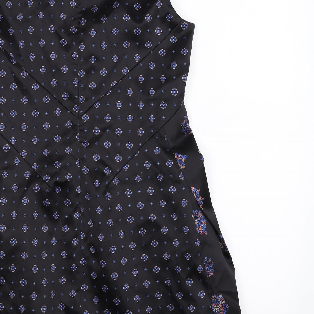 Brand and care label for women’s black floral satin shift, size S