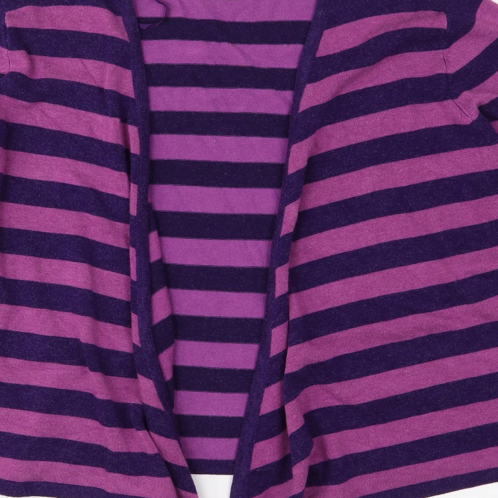 Brand and care label for Atelier Aimée women’s purple striped knit cardigan jumper, size S