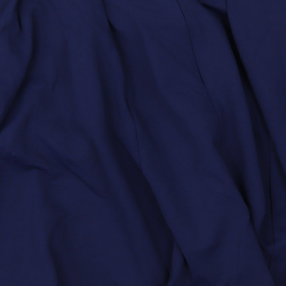 Brand and care label for Cynthia Rowley women’s blue flare skirt, size L