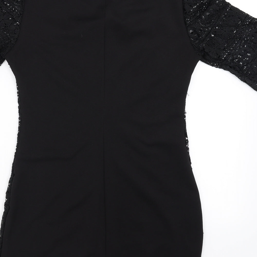 Brand and care label for Bain De Nuit women’s black floral bodycon, size UK 8