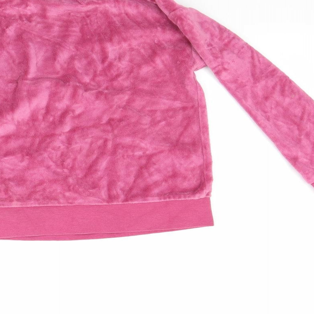 Brand and care label for George girls’ pink fleece pullover sweatshirt, size 7-8, years