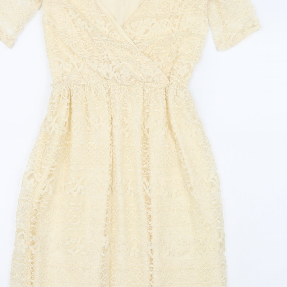 Brand and care label for ASOS women’s beige a-line, size UK 8
